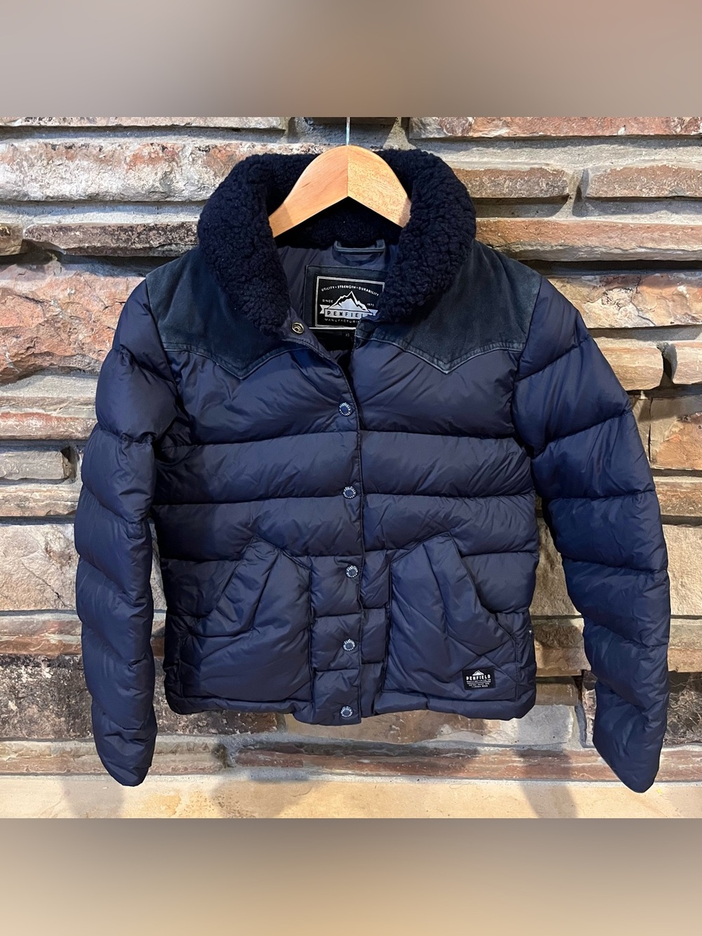 Penfield Dark Navy Puffer Jacket with Real Sherpa Collar